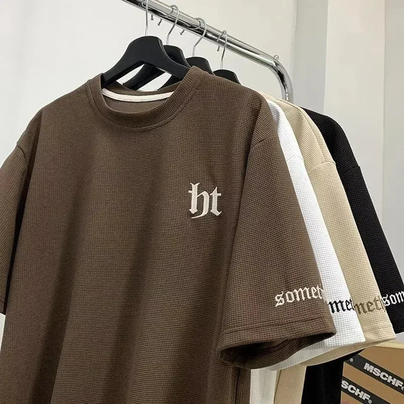 2025 Summer Men's Waffle T-Shirt – Letter Embroidered Y2K Vintage Streetwear | Breathable Short Sleeve O-Neck Tee