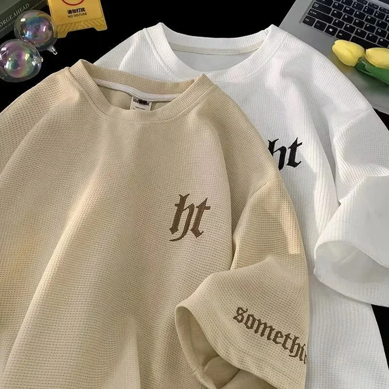 2025 Summer Men's Waffle T-Shirt – Letter Embroidered Y2K Vintage Streetwear | Breathable Short Sleeve O-Neck Tee