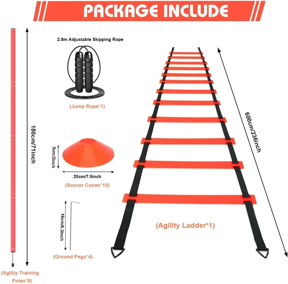 Agility Training Set - Includes Poles (Set of 6) Drills, Agility Ladder, 10 Cones & Jump Rope for Speed and AgilityTraining