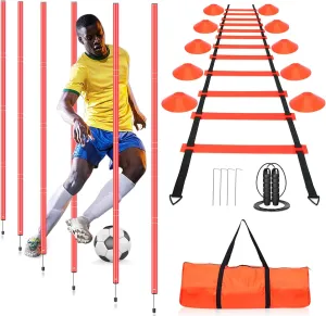 Agility Training Set - Includes Poles (Set of 6) Drills, Agility Ladder, 10 Cones & Jump Rope for Speed and AgilityTraining