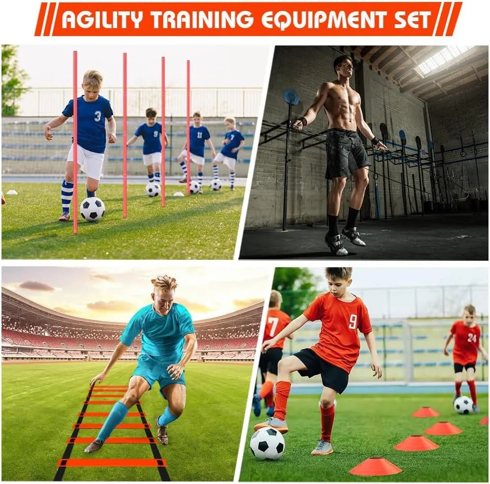 Agility Training Set - Includes Poles (Set of 6) Drills, Agility Ladder, 10 Cones & Jump Rope for Speed and AgilityTraining