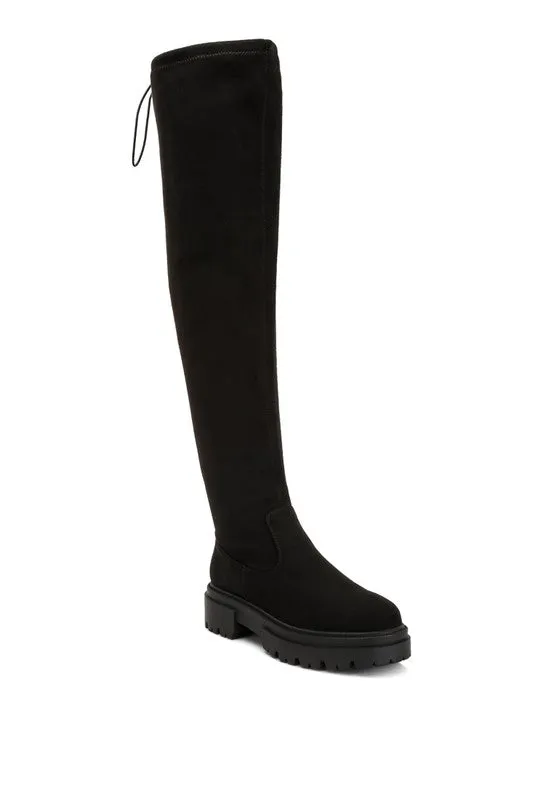 Babette Black Drawstring Detail Knee High Boots