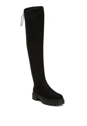 Babette Black Drawstring Detail Knee High Boots