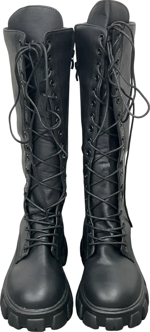 Black Chunky Sole Lace Up Knee High Boots UK 4 EU 37 👠