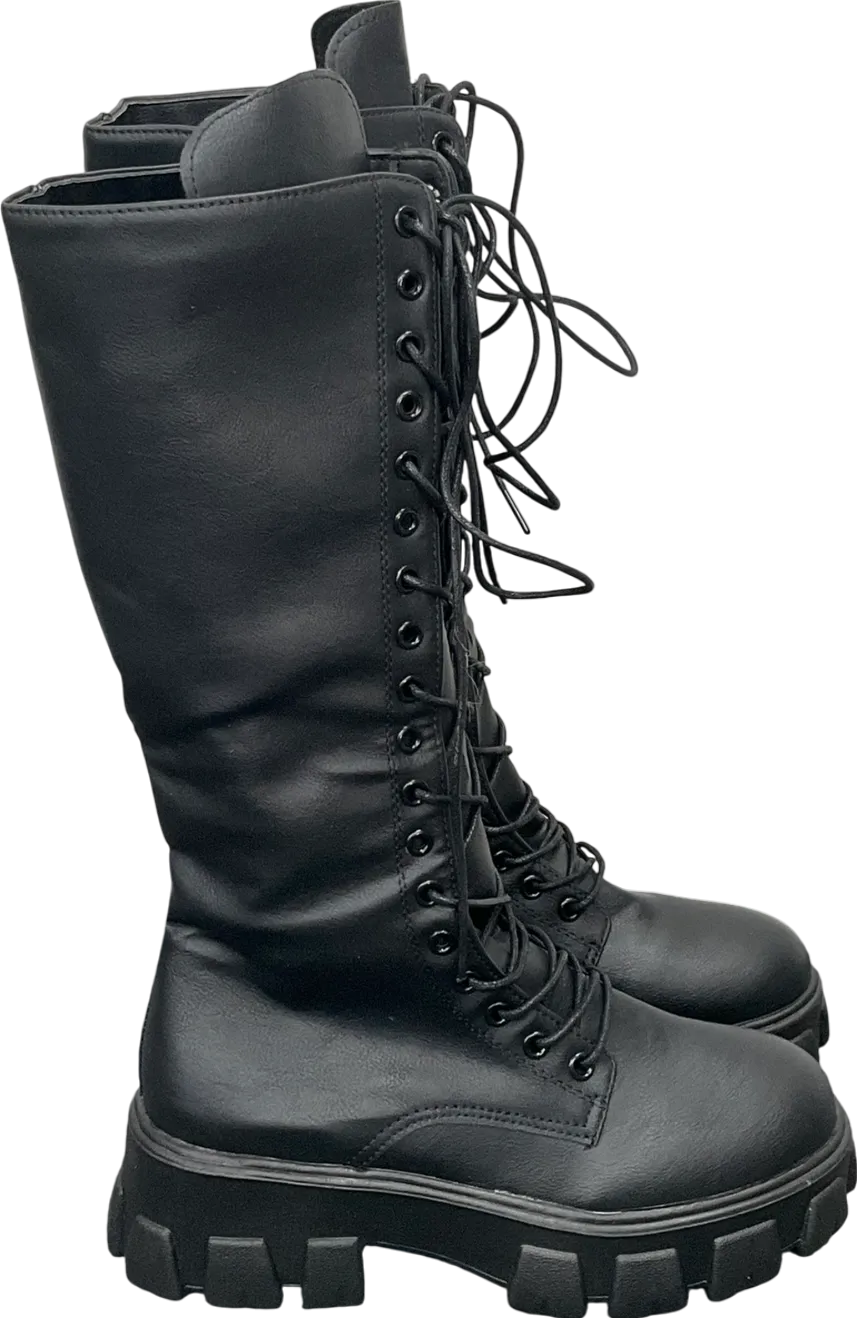 Black Chunky Sole Lace Up Knee High Boots UK 4 EU 37 👠