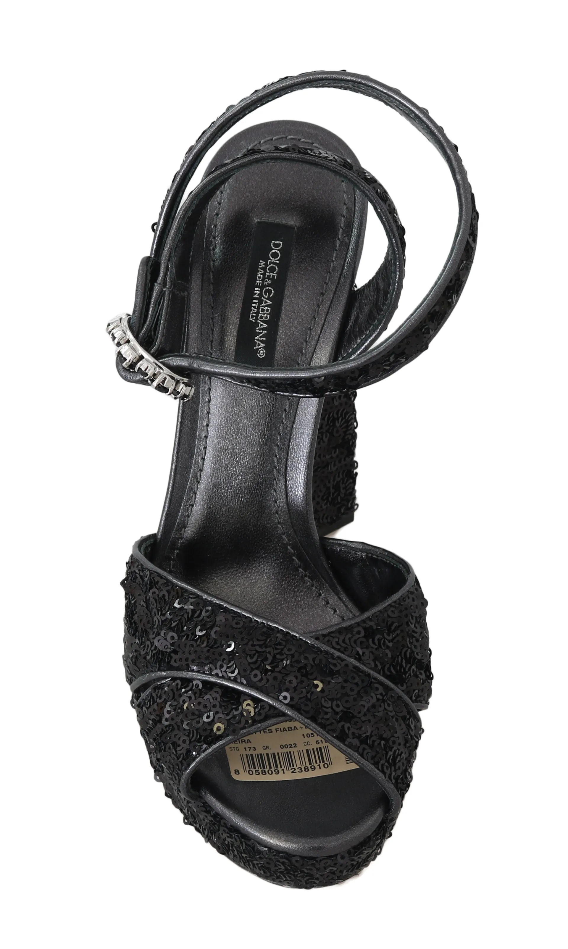Black Leather Sequined Crystal Sandals