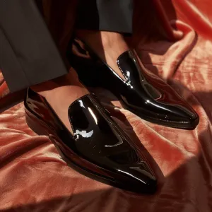 Black Patent Leather Calimero Slip On Pointed Loafer Shoes