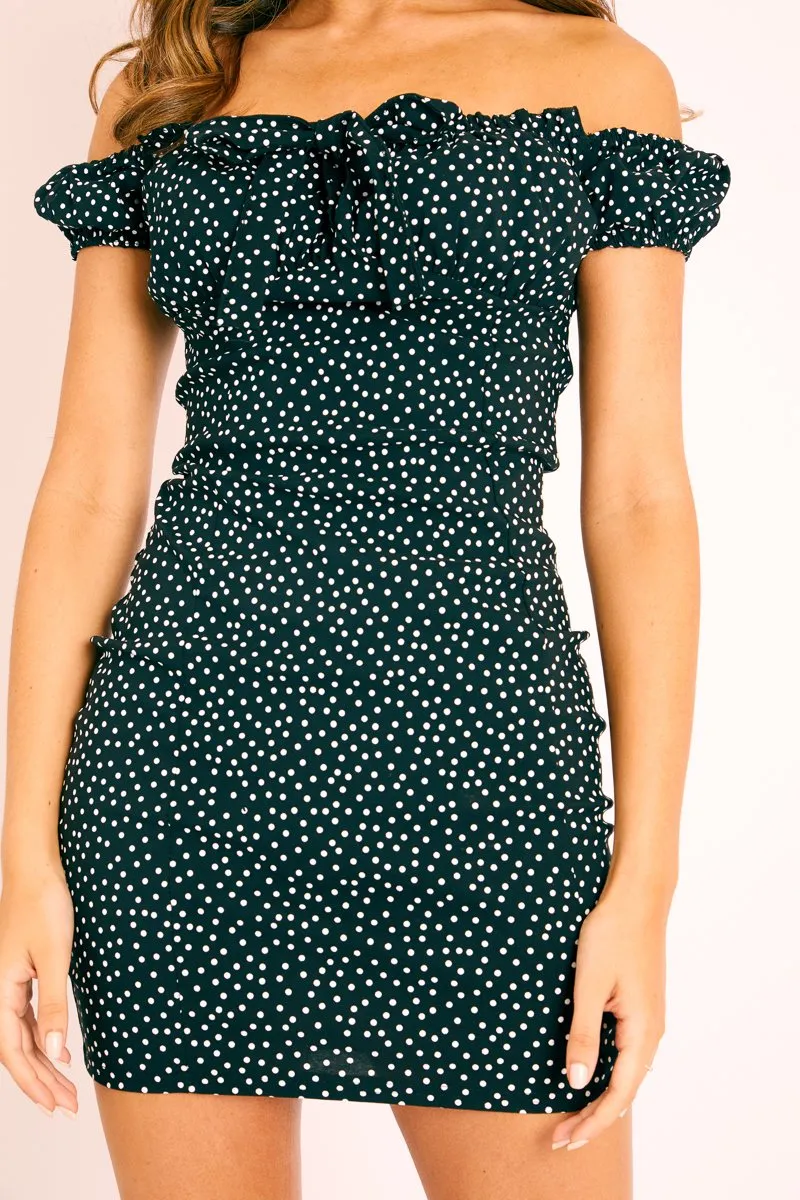 Black Polka Dot Bow Detail Milkmaid Mini Dress - Galena