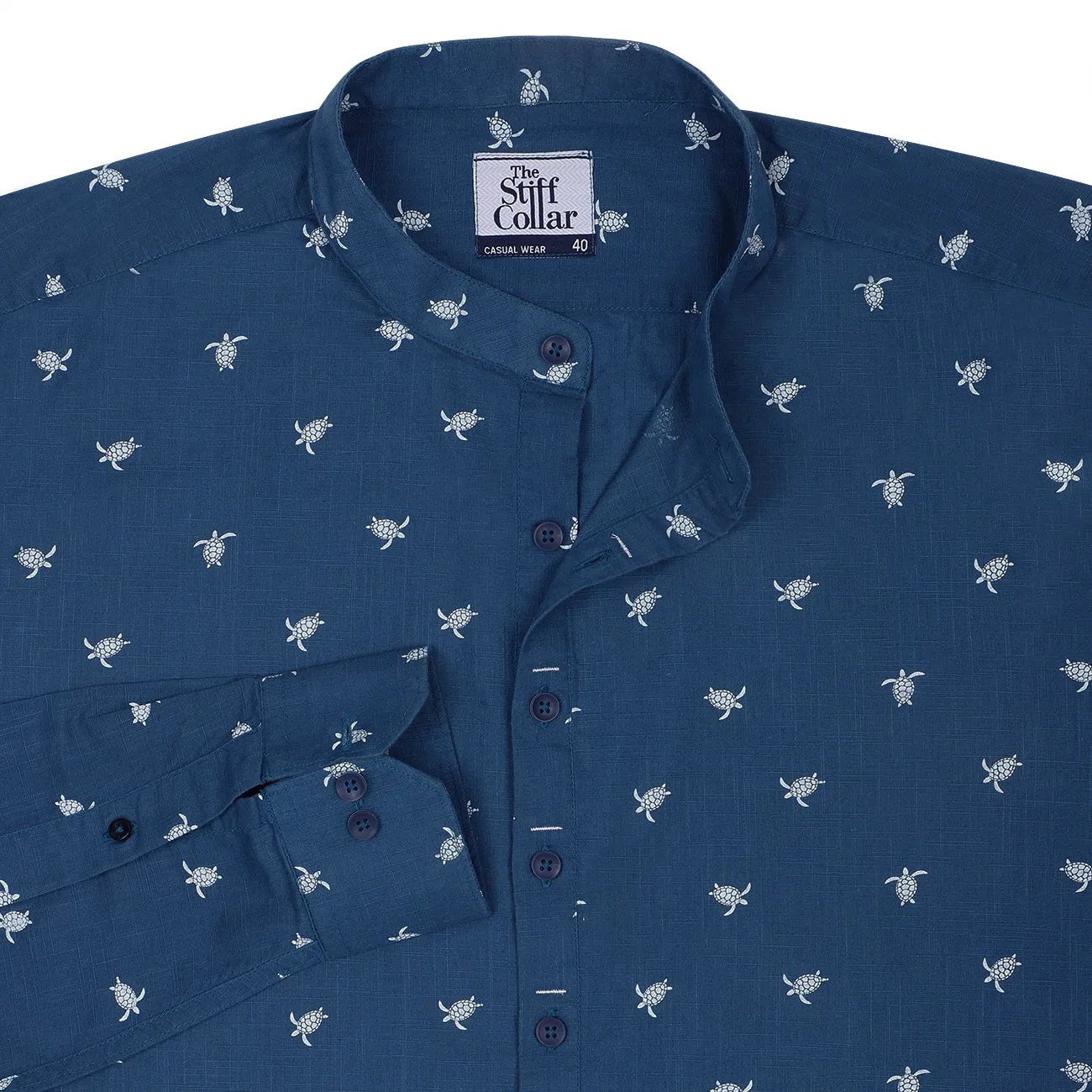 Blue Turtle Print Cotton Full Sleeve Premium Kurta Shirt