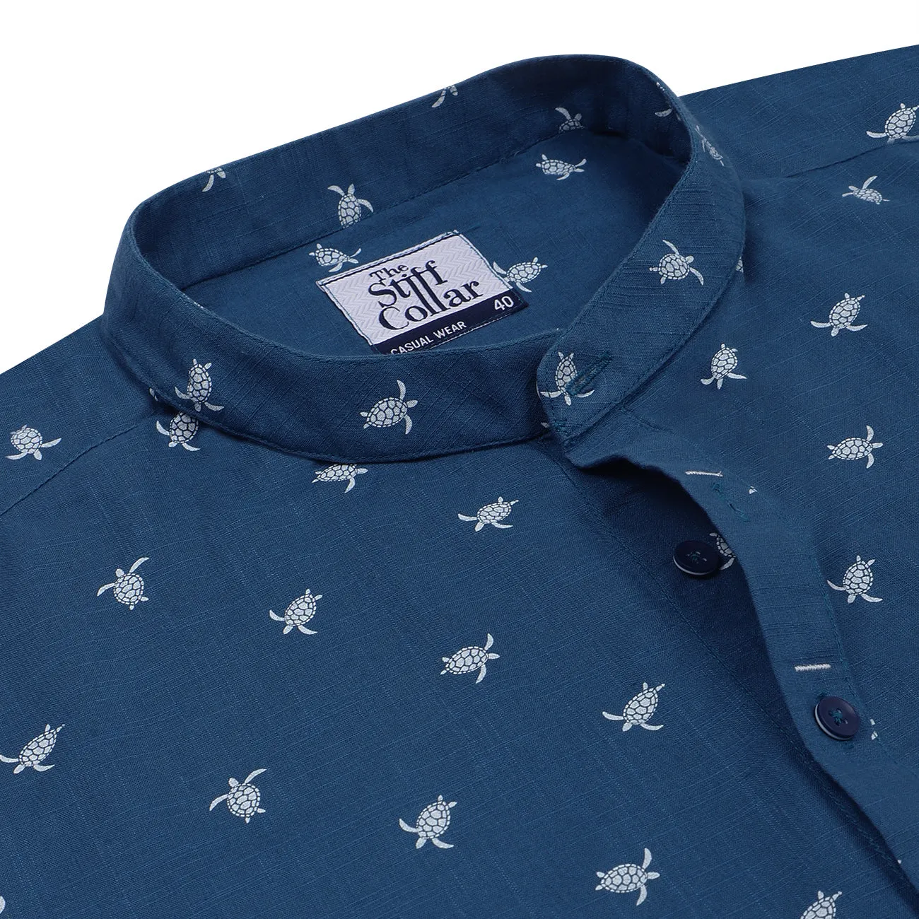 Blue Turtle Print Cotton Full Sleeve Premium Kurta Shirt