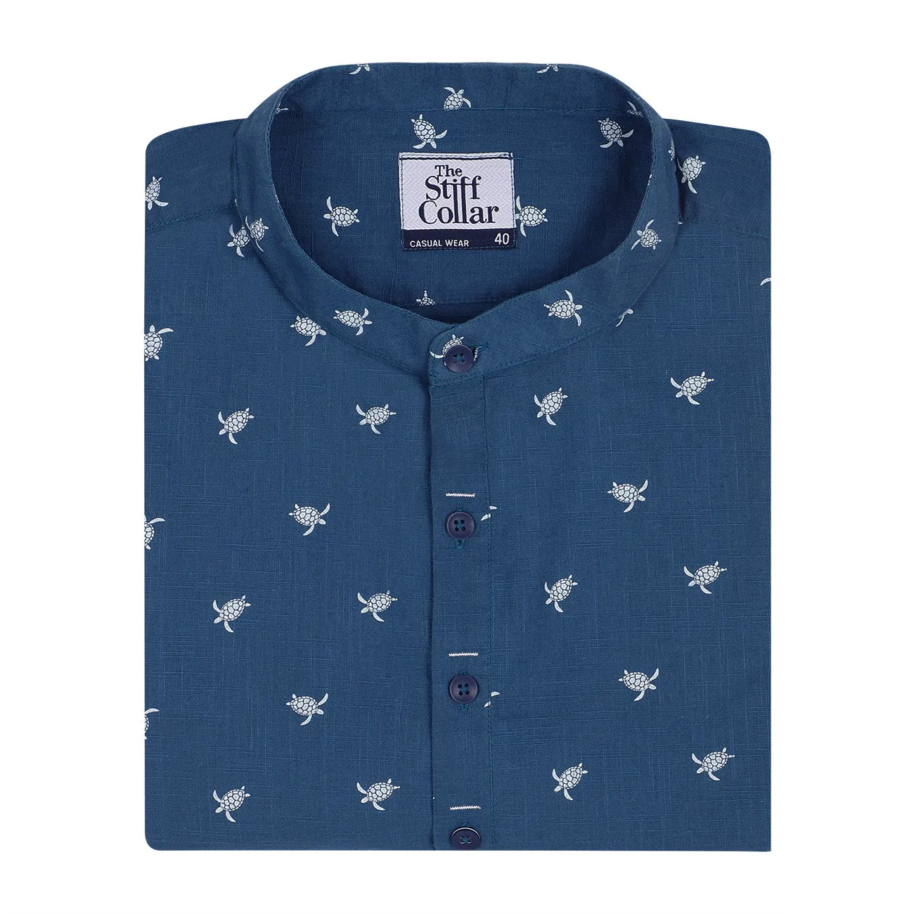 Blue Turtle Print Cotton Full Sleeve Premium Kurta Shirt