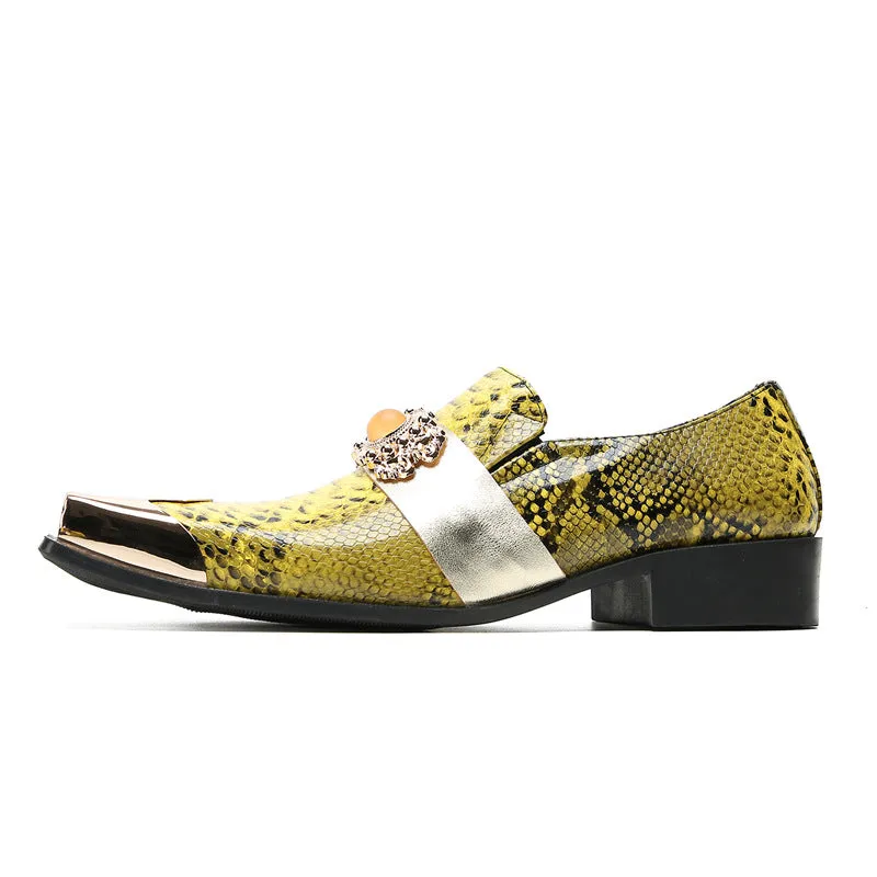 British retro square toe loafers men's bright thick sole slip-on loafers men's cowhide printed casual business leather shoes