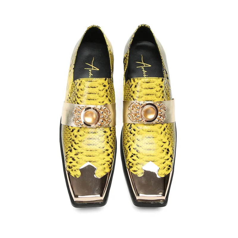 British retro square toe loafers men's bright thick sole slip-on loafers men's cowhide printed casual business leather shoes
