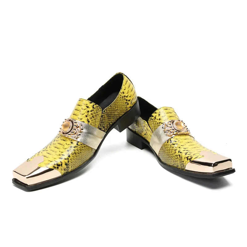 British retro square toe loafers men's bright thick sole slip-on loafers men's cowhide printed casual business leather shoes