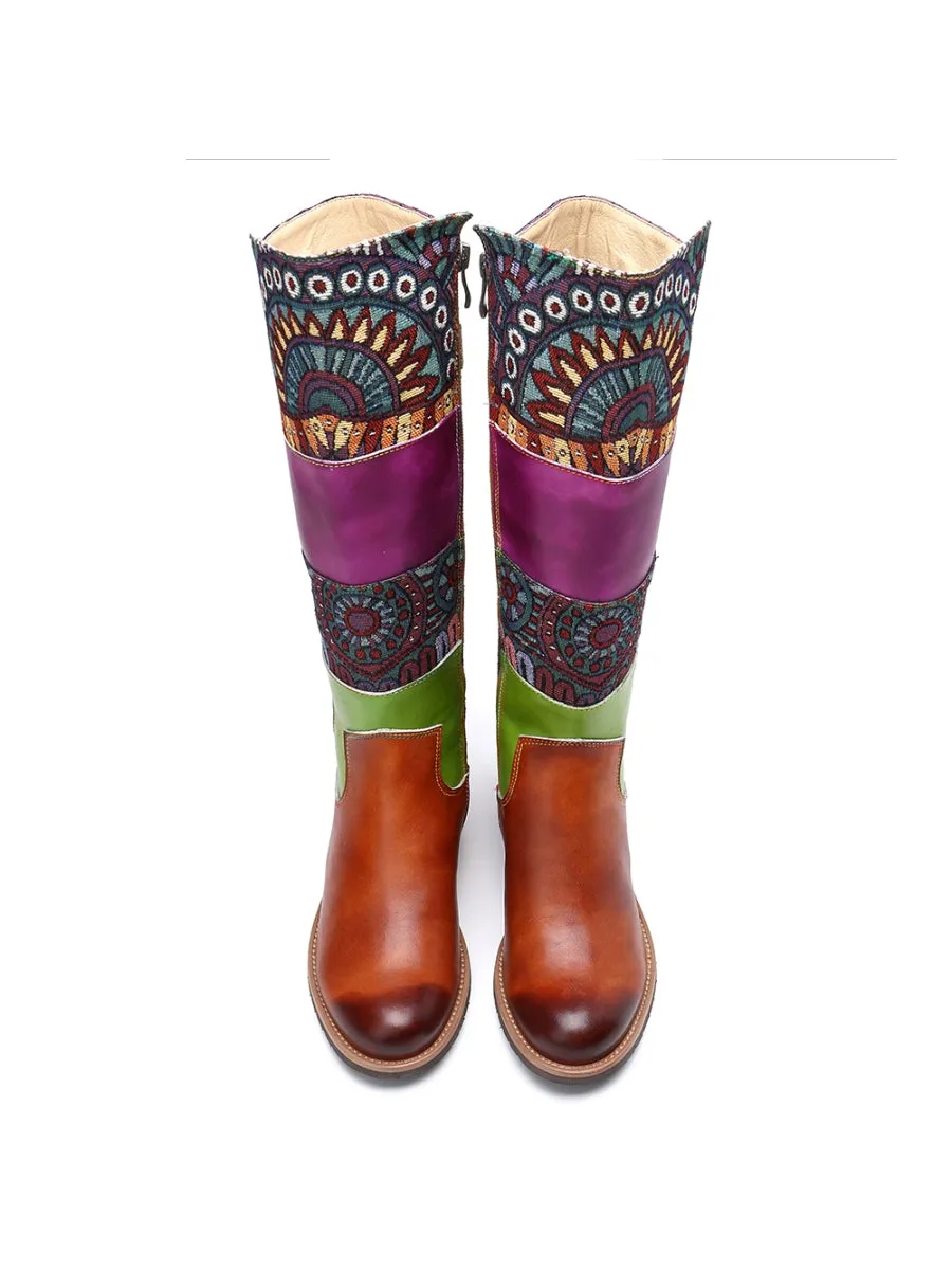 Brown Geometric Print Leather Knee Boots