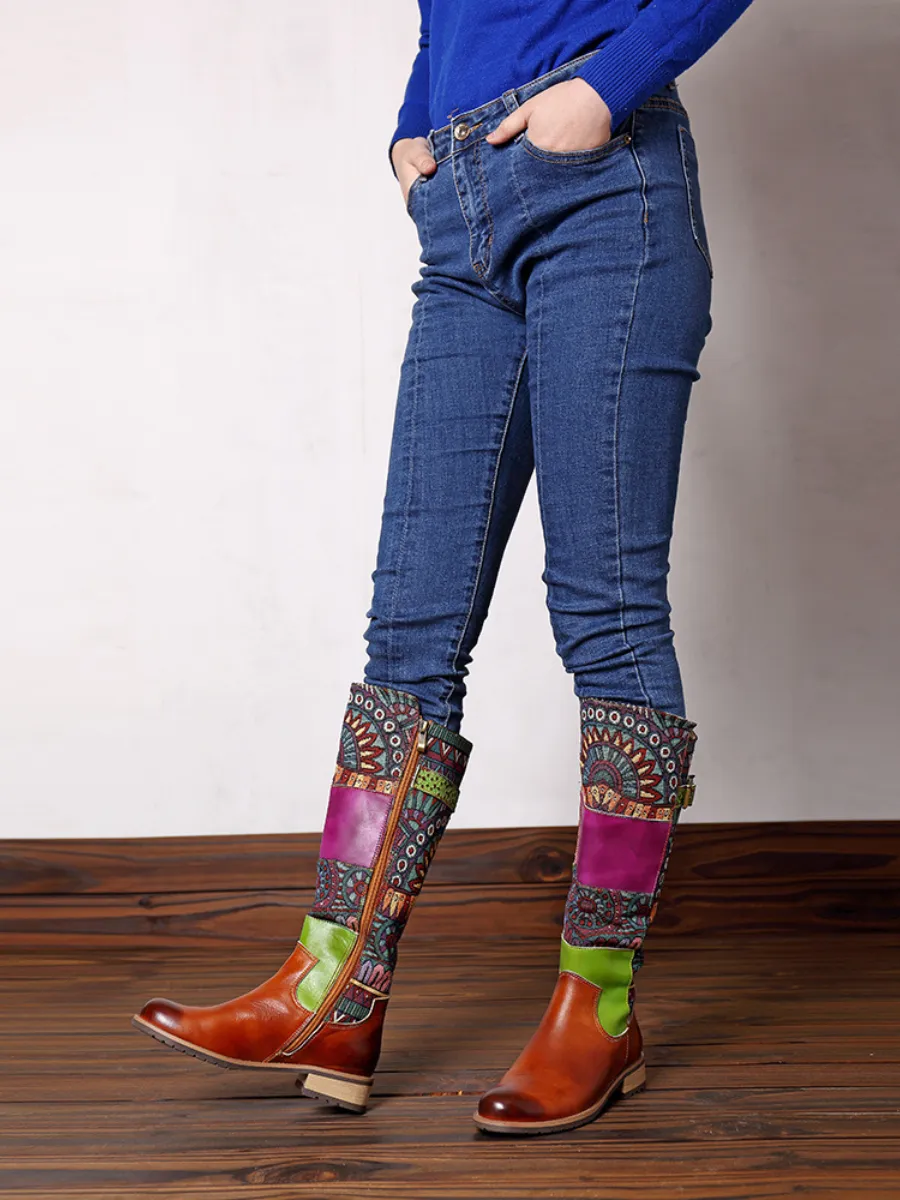 Brown Geometric Print Leather Knee Boots