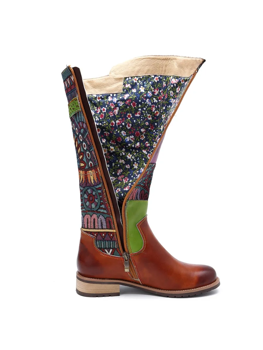 Brown Geometric Print Leather Knee Boots