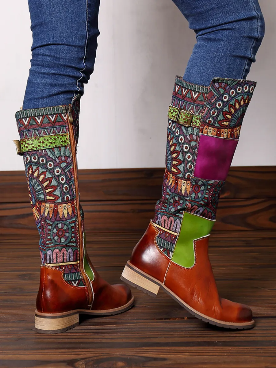 Brown Geometric Print Leather Knee Boots