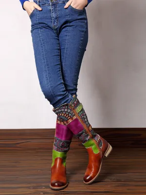 Brown Geometric Print Leather Knee Boots