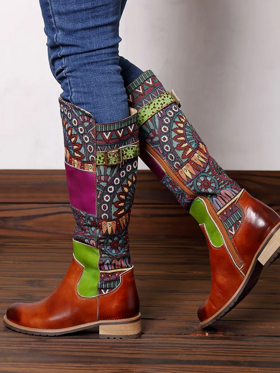 Brown Geometric Print Leather Knee Boots