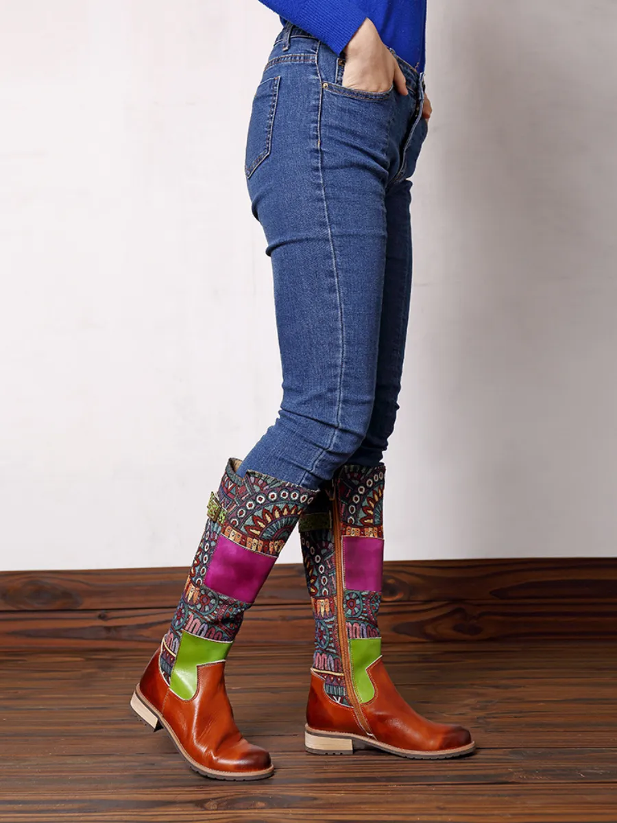 Brown Geometric Print Leather Knee Boots