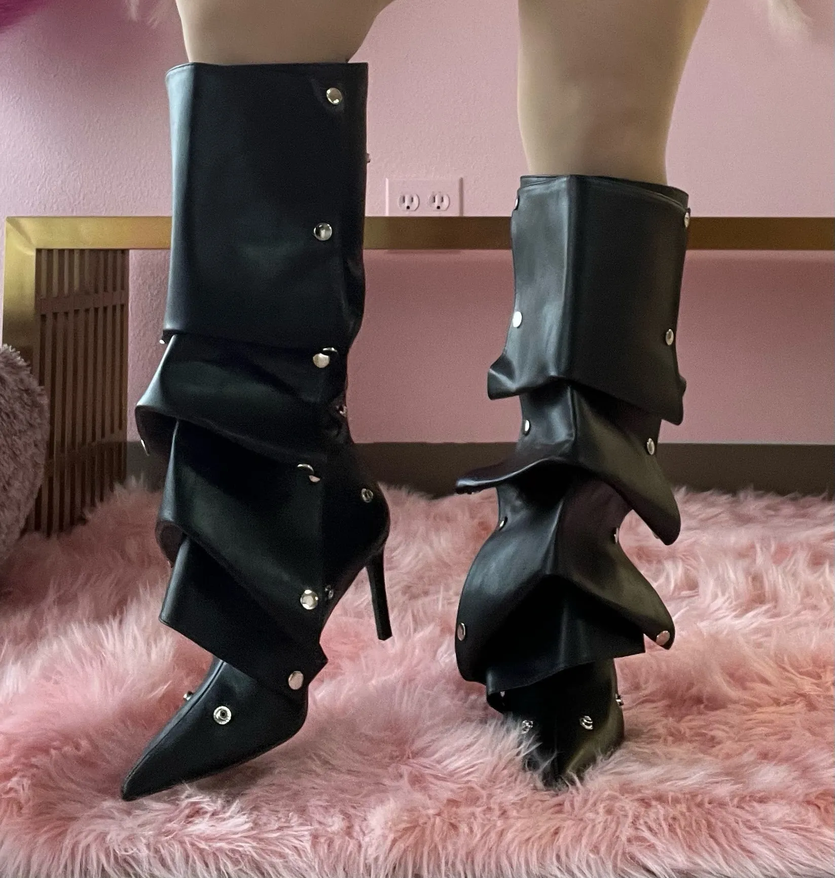 BUMBLE-01 Black Faux Leather Knee High Slouch Boots with Draped Front Panel