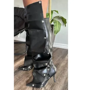 BUMBLE-01 Black Faux Leather Knee High Slouch Boots with Draped Front Panel