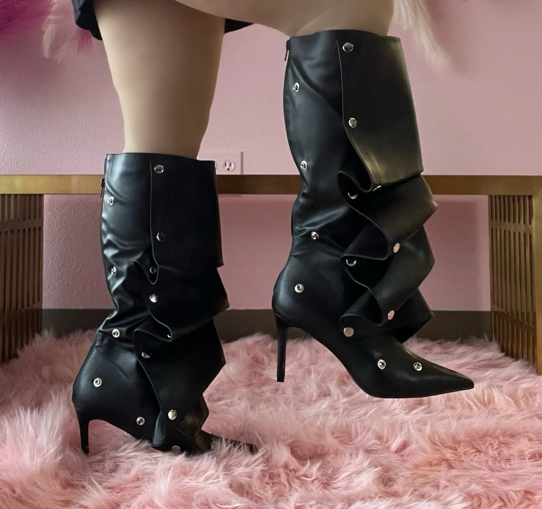 BUMBLE-01 Black Faux Leather Knee High Slouch Boots with Draped Front Panel