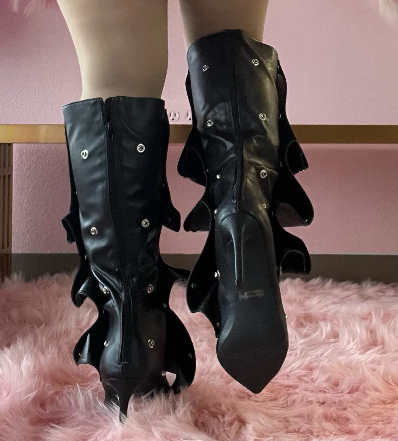 BUMBLE-01 Black Faux Leather Knee High Slouch Boots with Draped Front Panel