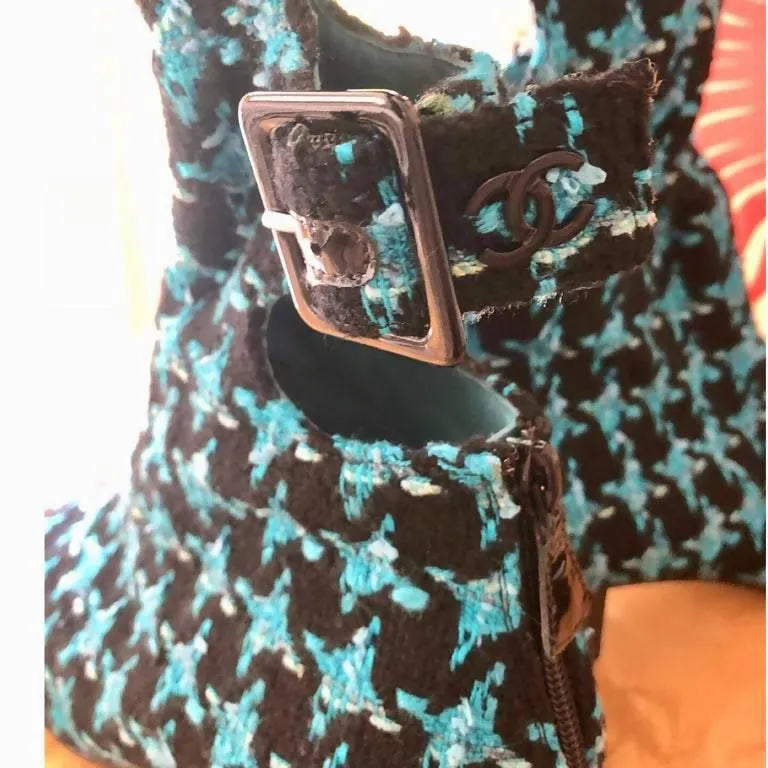 CHANEL Boots Turquoise Tweed Black Patent Leather Buckle Runway 2007 | Size US 7