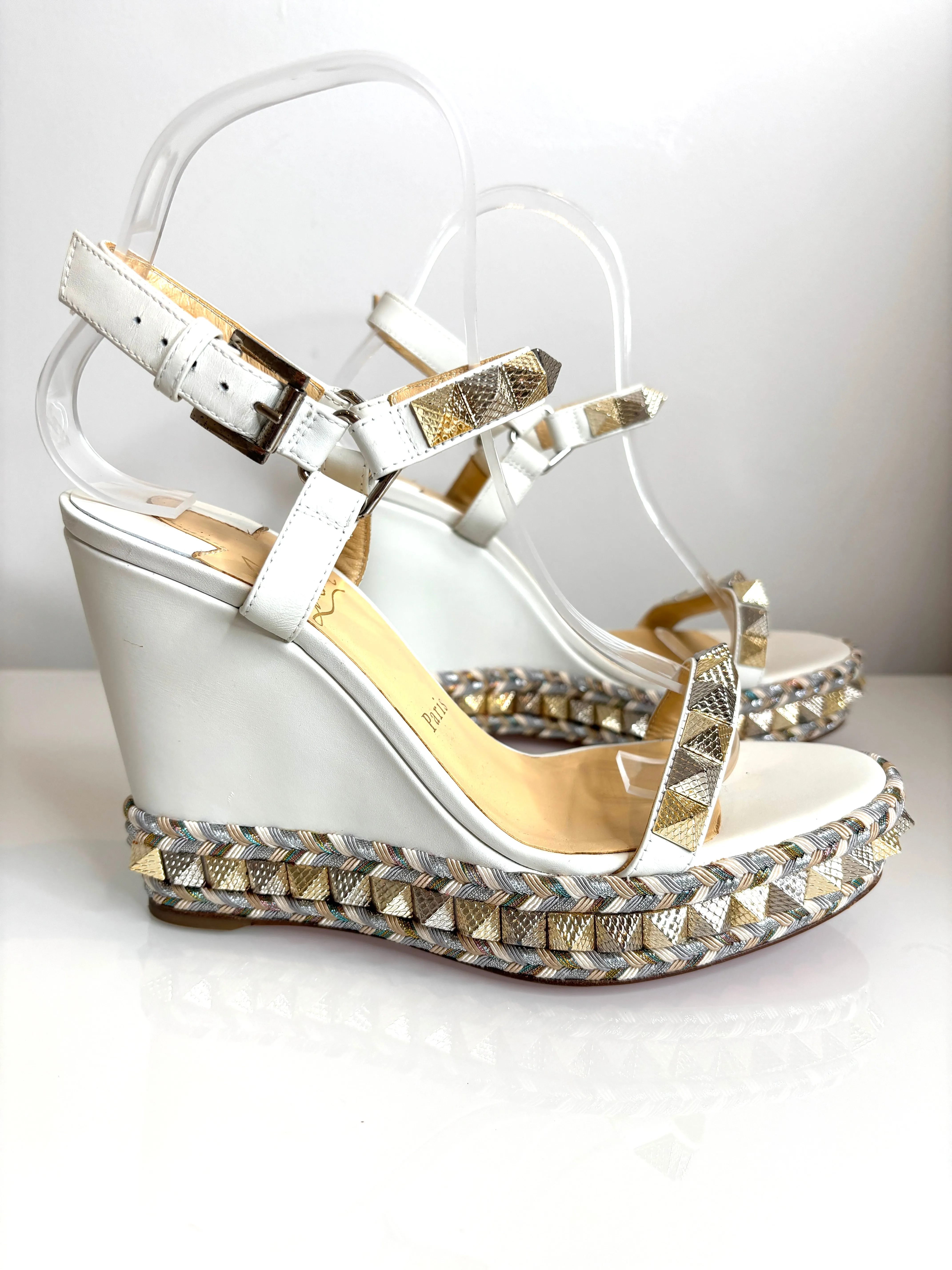 Christian Louboutin Pyraclou 110 Latte White Wedge Sandals 39 UK6