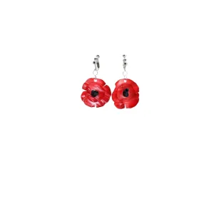 Clip on Hanging Poppy Flower Earrings - Red
