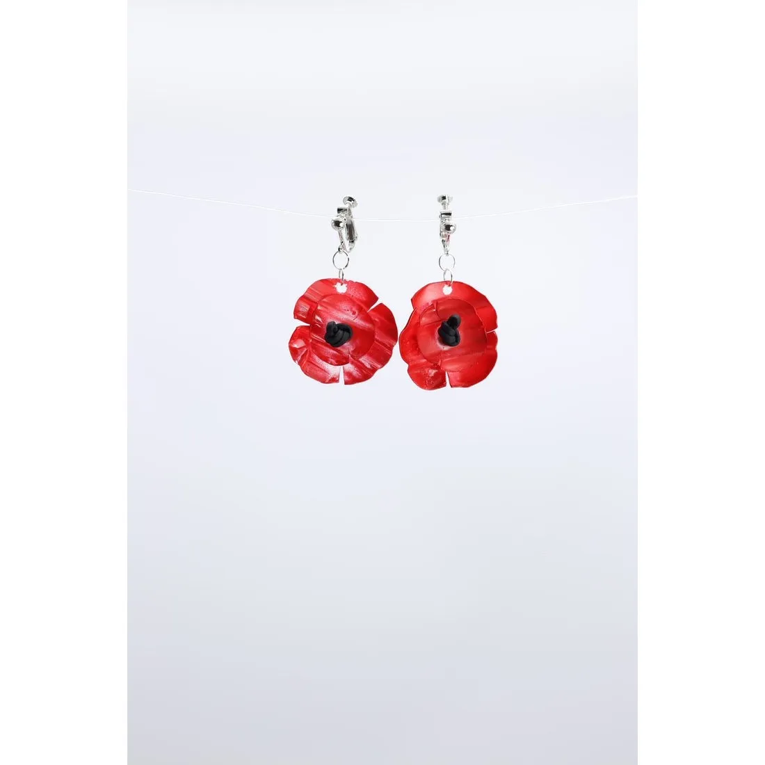 Clip on Hanging Poppy Flower Earrings - Red