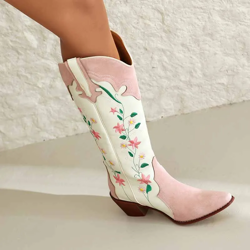 Cowboy Embroidery Boots for Women Pink Knee High Cowgirl Boots