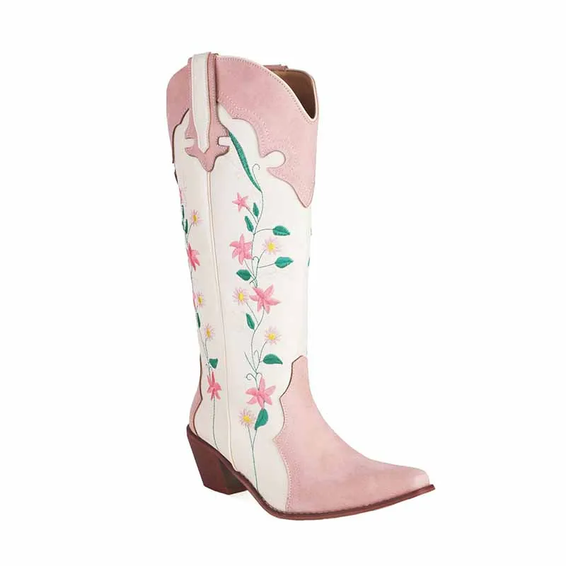Cowboy Embroidery Boots for Women Pink Knee High Cowgirl Boots