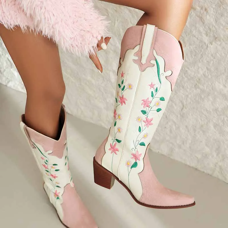 Cowboy Embroidery Boots for Women Pink Knee High Cowgirl Boots