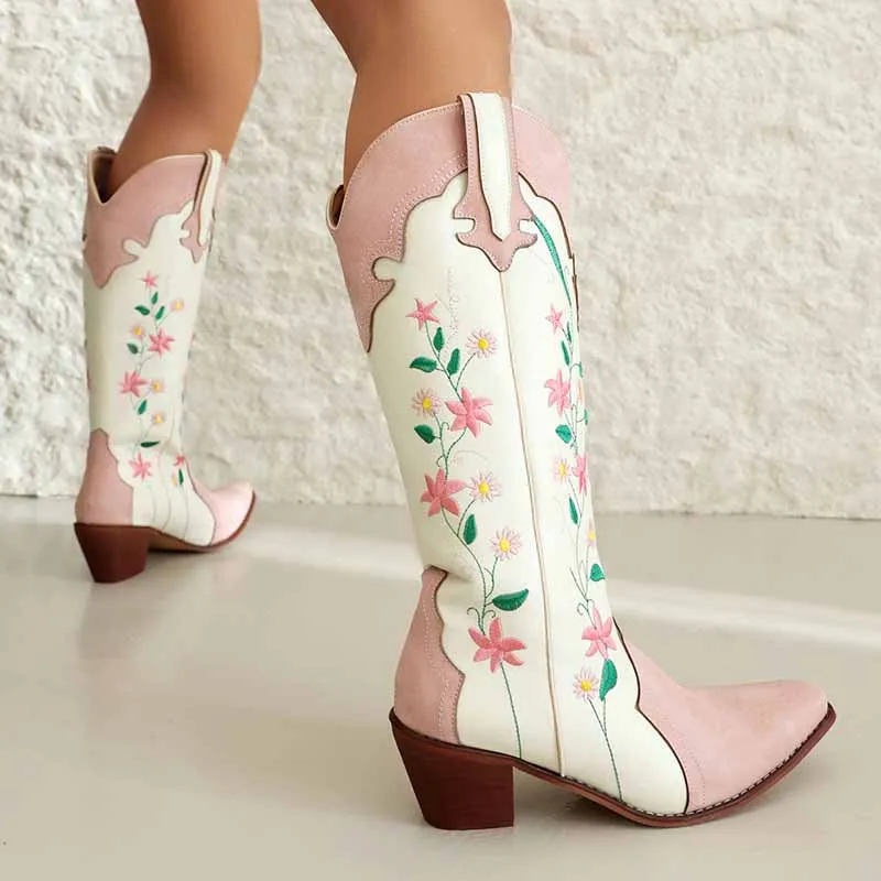 Cowboy Embroidery Boots for Women Pink Knee High Cowgirl Boots
