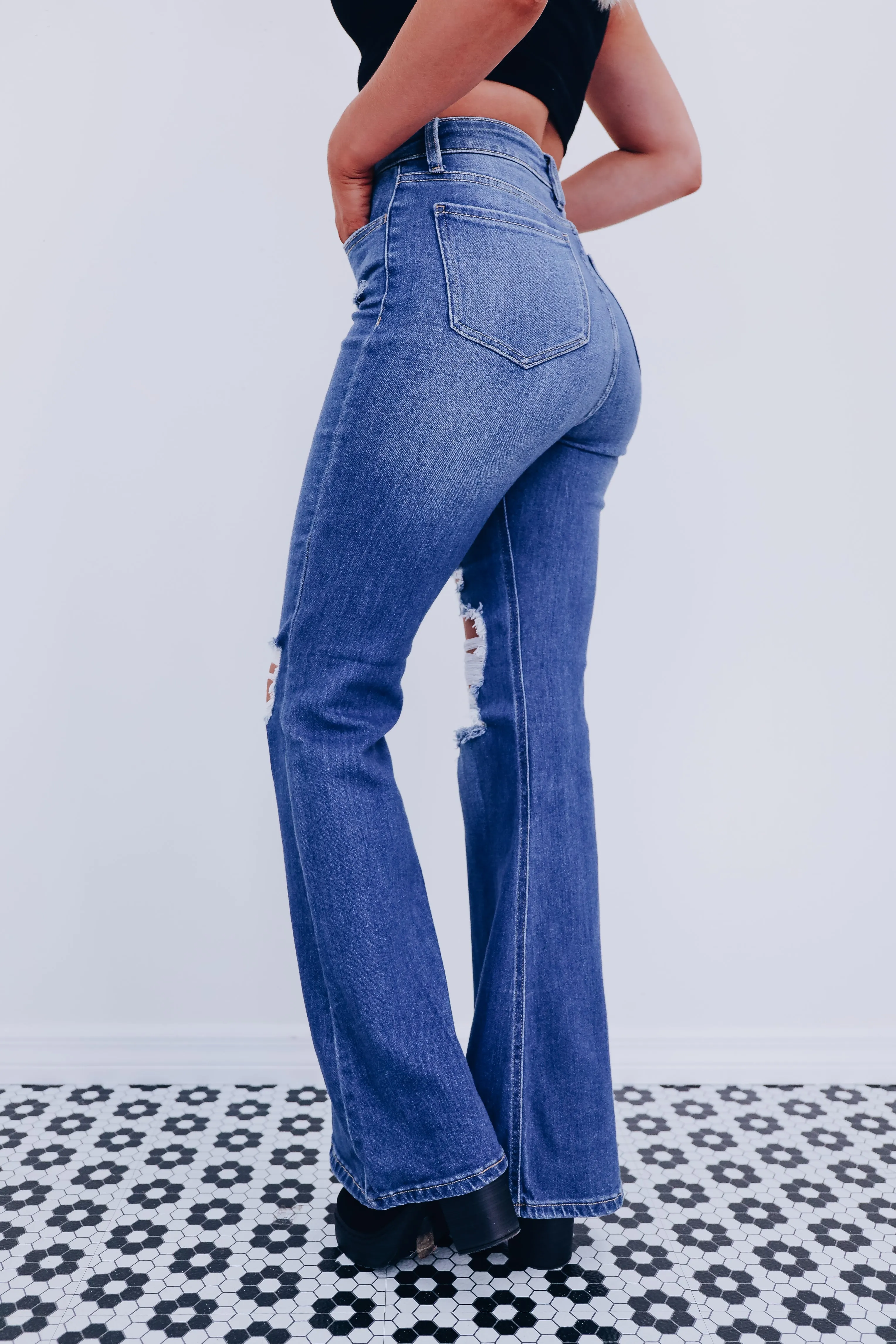 Davi Distressed Flare Jeans - Medium Wash