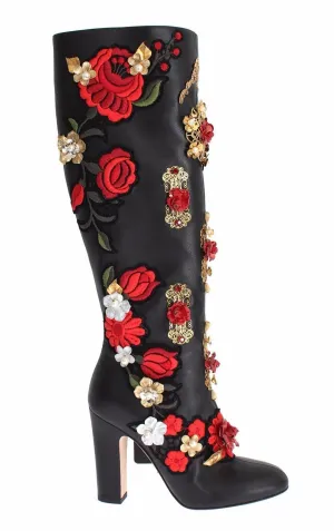Dolce & Gabbana Red Roses Crystal Gold Heart Black Leather Boots