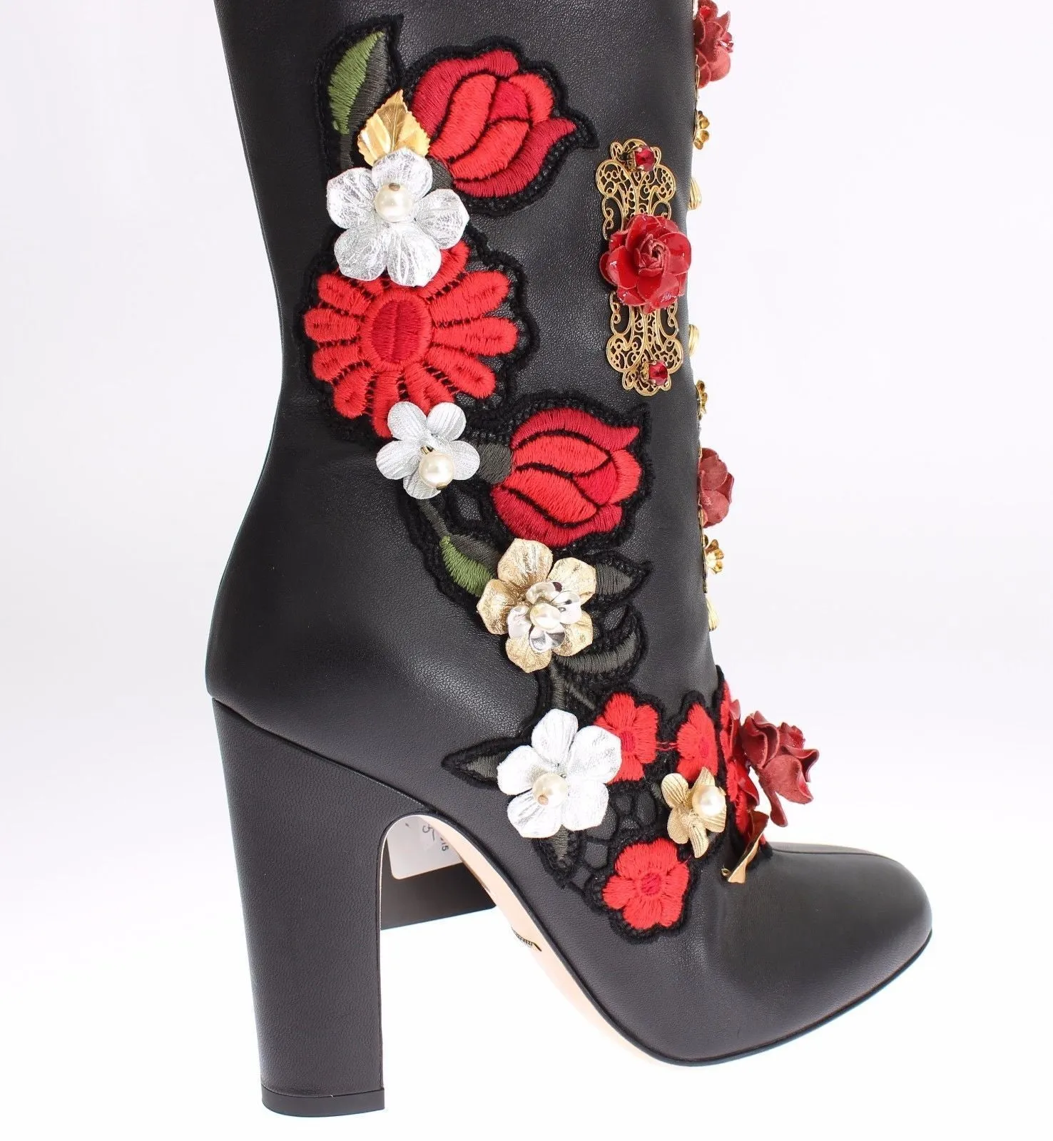 Dolce & Gabbana Red Roses Crystal Gold Heart Black Leather Boots