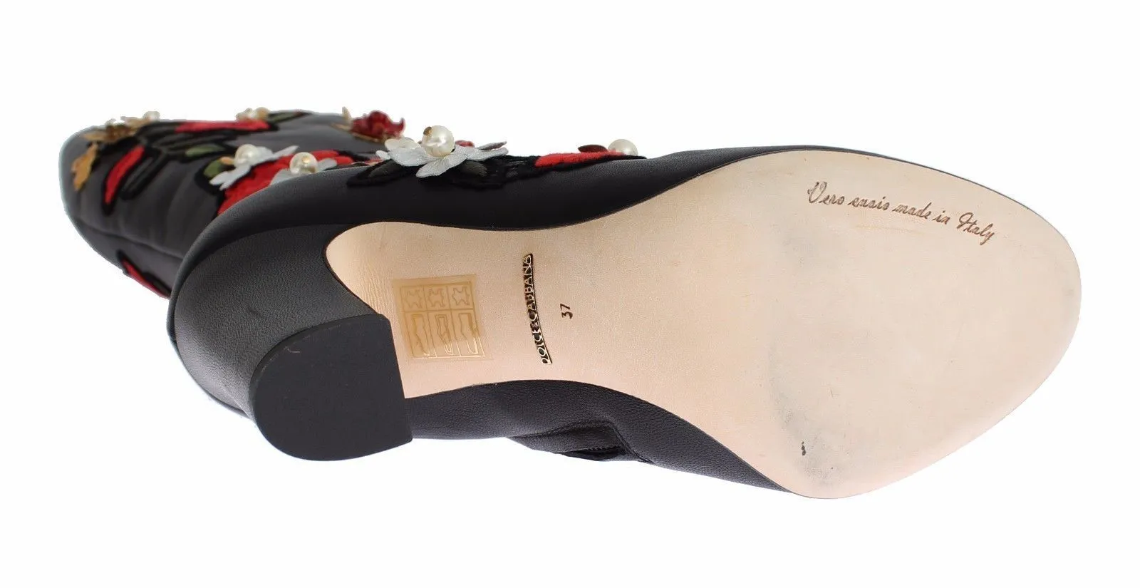 Dolce & Gabbana Red Roses Crystal Gold Heart Black Leather Boots