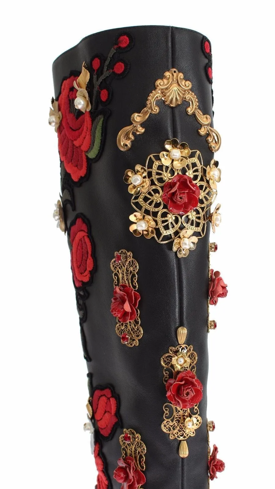 Dolce & Gabbana Red Roses Crystal Gold Heart Black Leather Boots