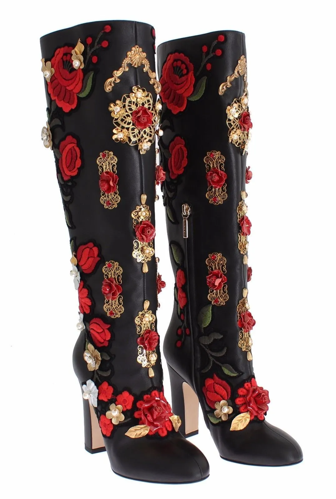 Dolce & Gabbana Red Roses Crystal Gold Heart Black Leather Boots