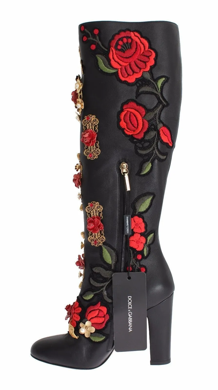 Dolce & Gabbana Red Roses Crystal Gold Heart Black Leather Boots