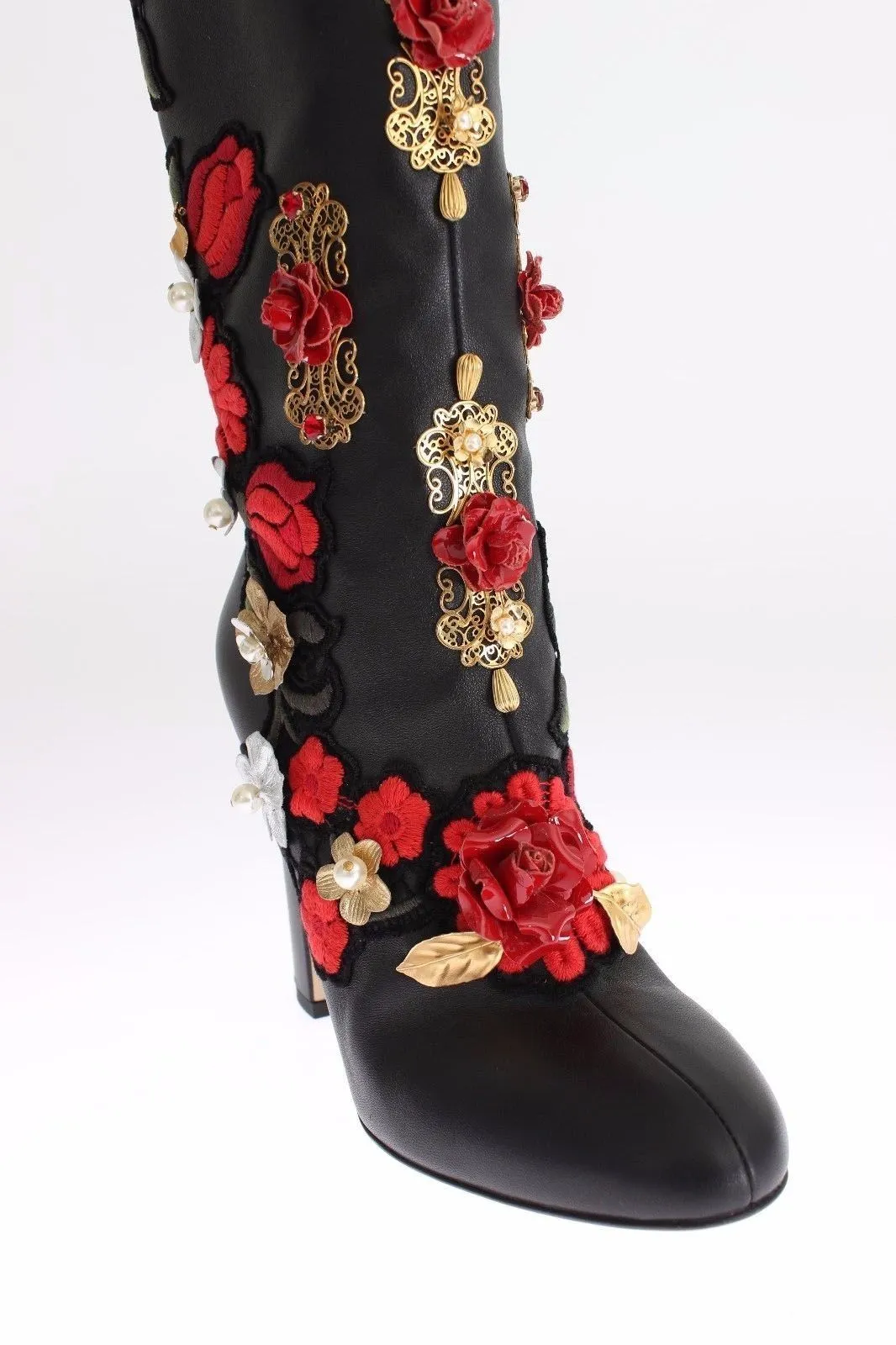 Dolce & Gabbana Red Roses Crystal Gold Heart Black Leather Boots