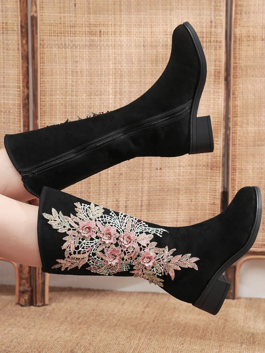 Embroidery Blooming Appliqued Long Knee Boots - Black