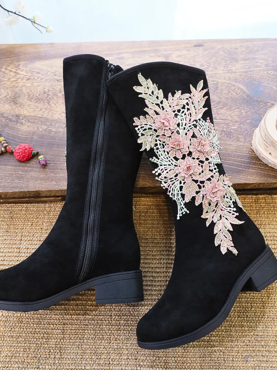 Embroidery Blooming Appliqued Long Knee Boots - Black