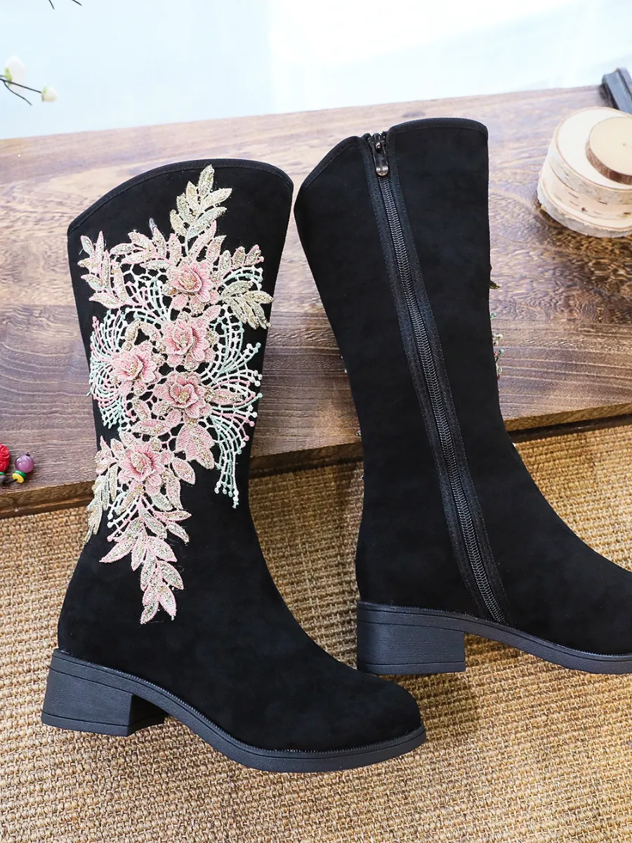 Embroidery Blooming Appliqued Long Knee Boots - Black