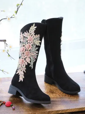Embroidery Blooming Appliqued Long Knee Boots - Black