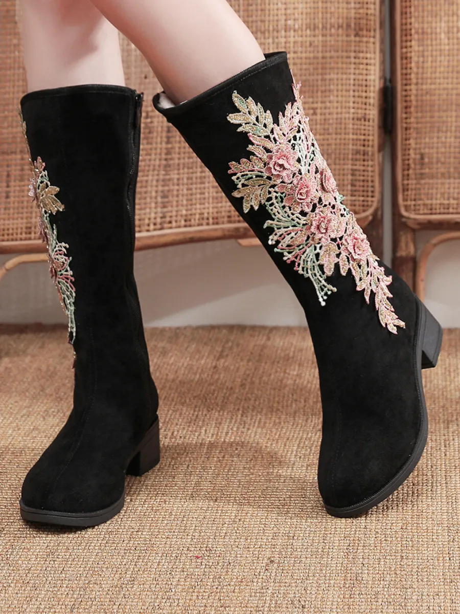 Embroidery Blooming Appliqued Long Knee Boots - Black